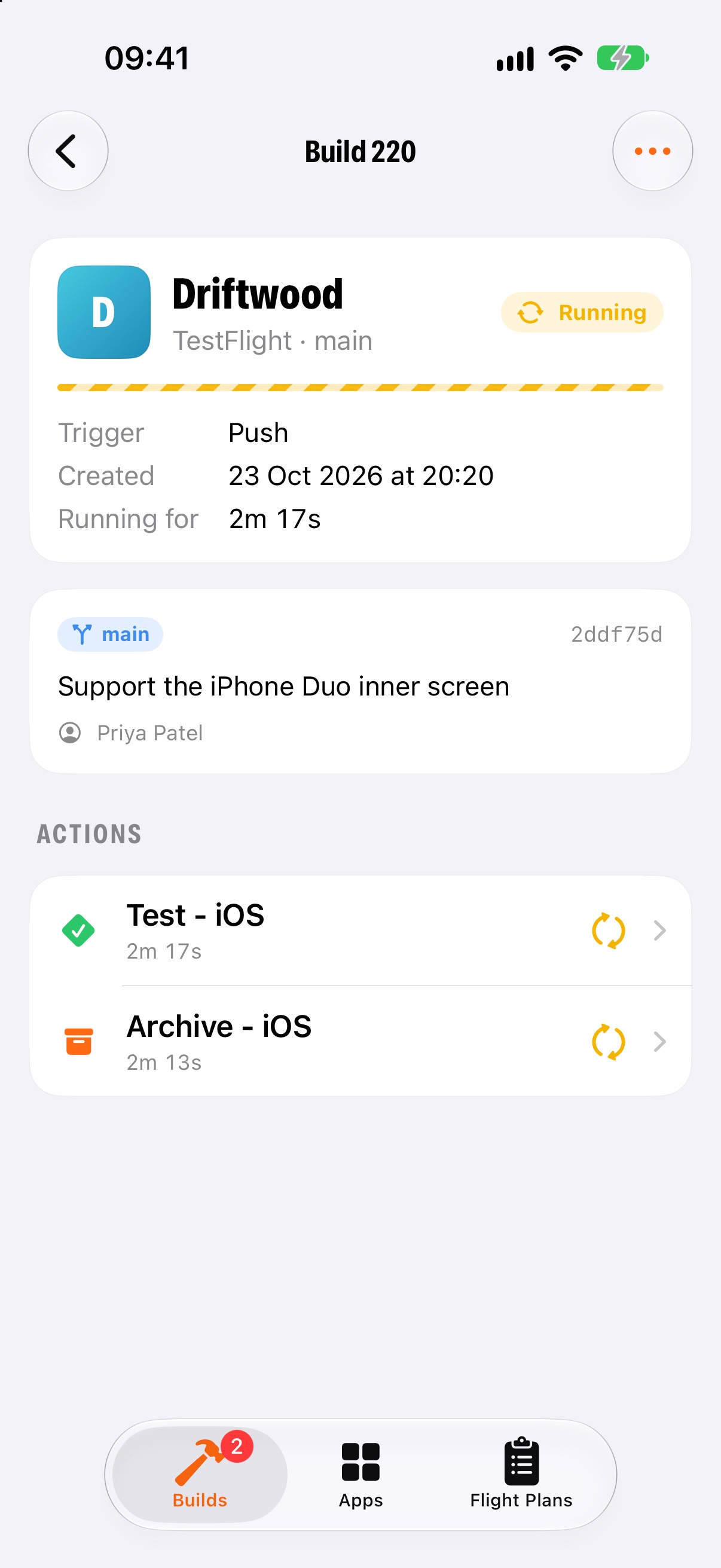 A build's actions, with a failed test and its message