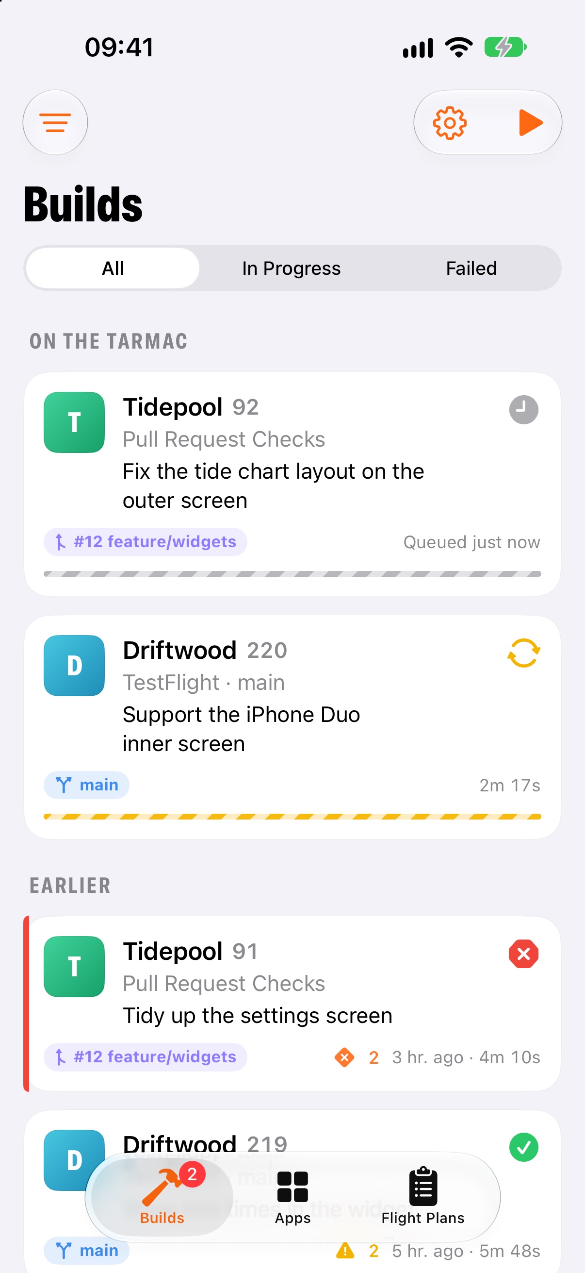 Recent Xcode Cloud builds across several apps