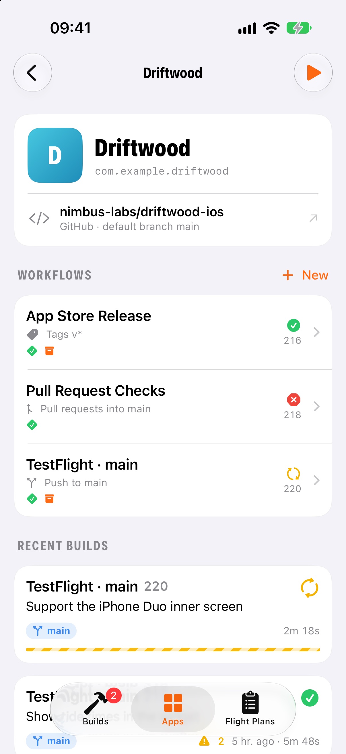 An app's workflows and its latest builds